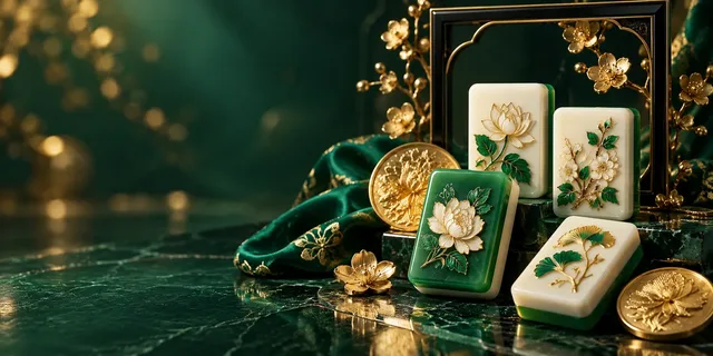 Ilustrasi ubin mahjong bermotif bunga, kain hijau, dan ornamen emas tanpa tokoh manusia.
