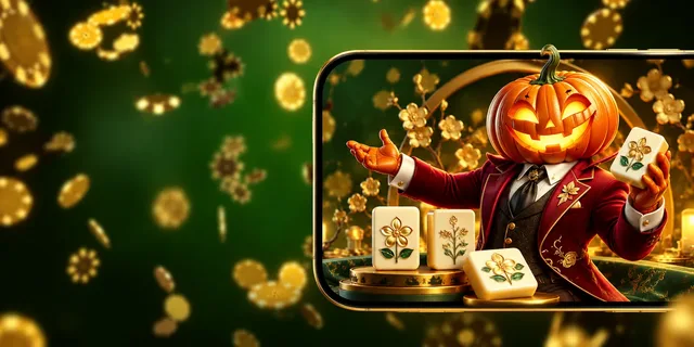 Ilustrasi tokoh labu berjas merah dengan ubin mahjong pada latar hijau dan emas.